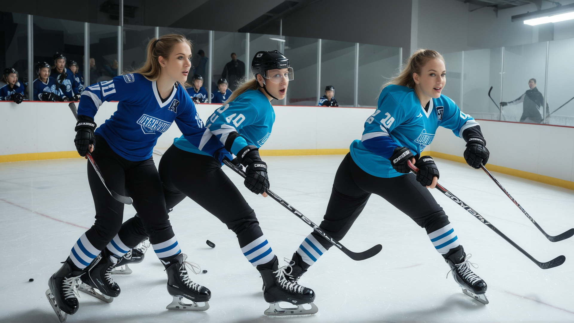 AI generated wallpaper featuring hockey players, ice rink, hockey stick, helmet, uniform, ice, skates, team, sweater, gloves