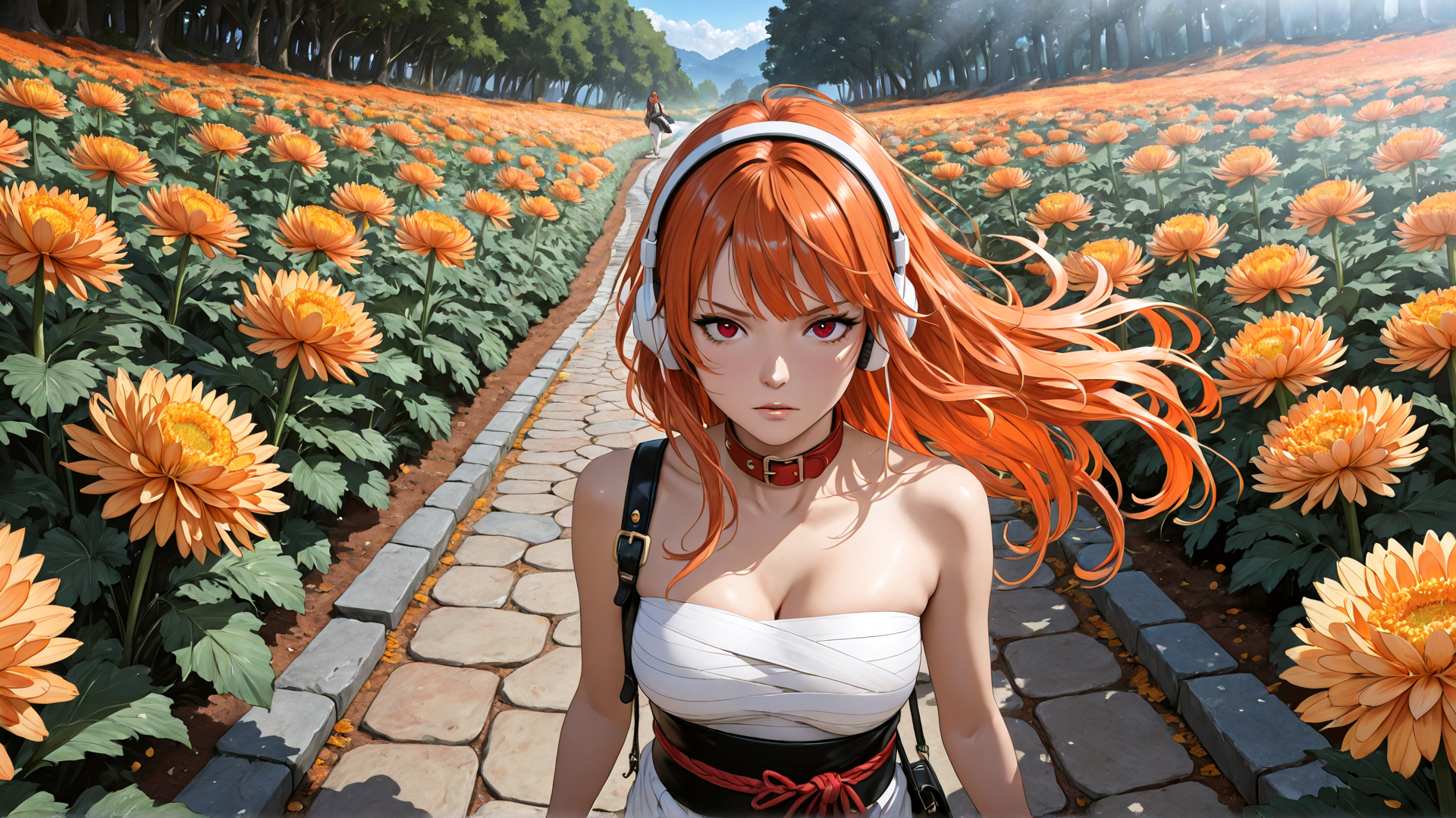 AI generated wallpaper featuring woman, flowers, path, trees, headphones, choker, dress