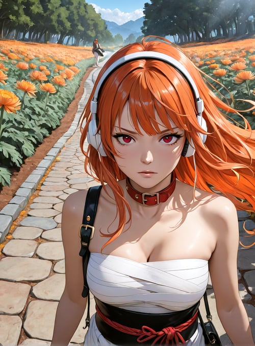 woman, flowers, path, trees, headphones, choker, dress