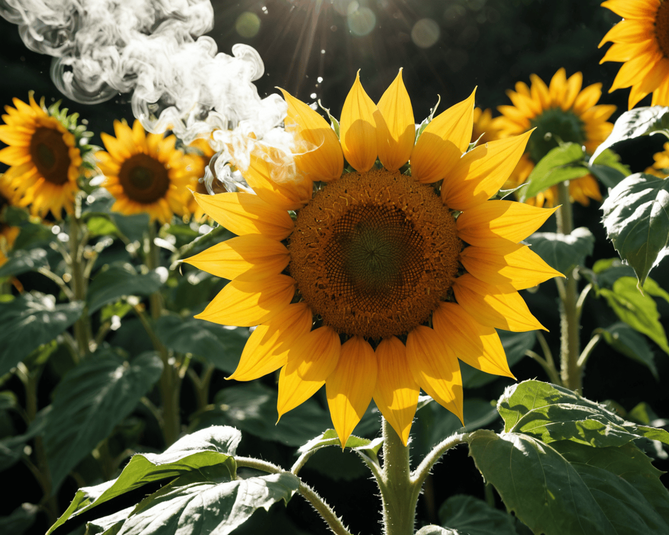 AI generated wallpaper featuring sunflower, sunlight, smoke