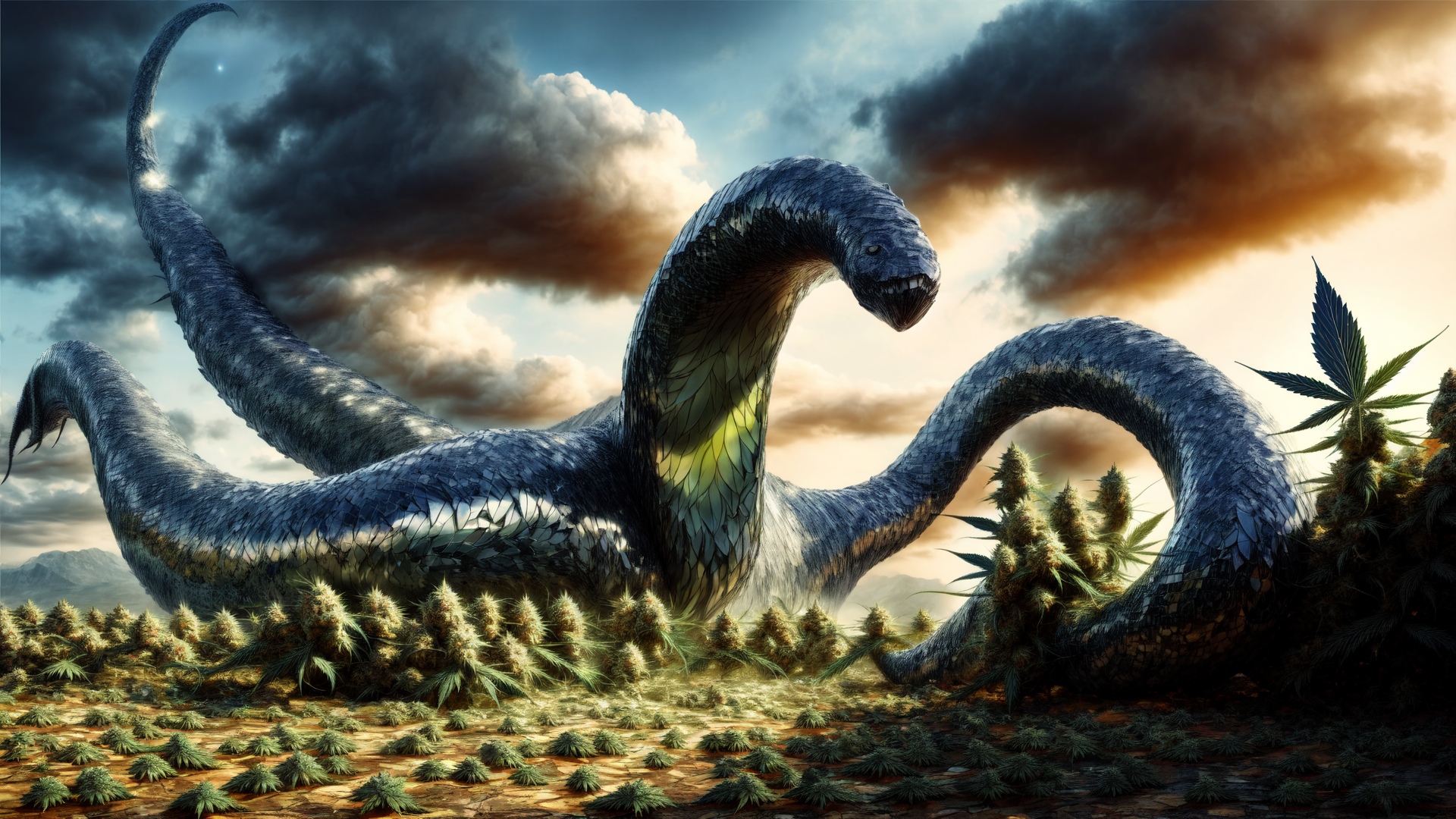 AI generated wallpaper featuring snake, cannabis, sky, clouds, mountains, leaves