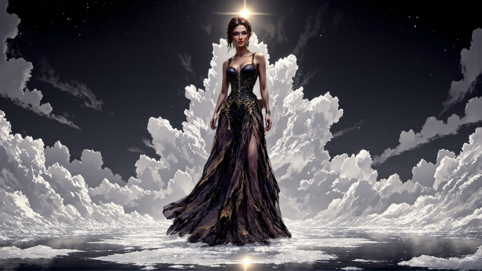 AI generated wallpaper featuring woman, dress, clouds, night sky, star, moon, reflection, fashion, art, gown