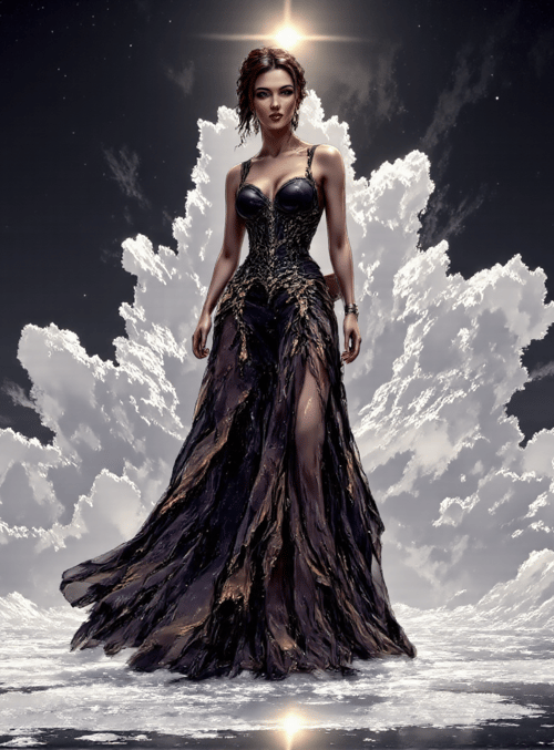 woman, dress, clouds, night sky, star, moon, reflection, fashion, art, gown