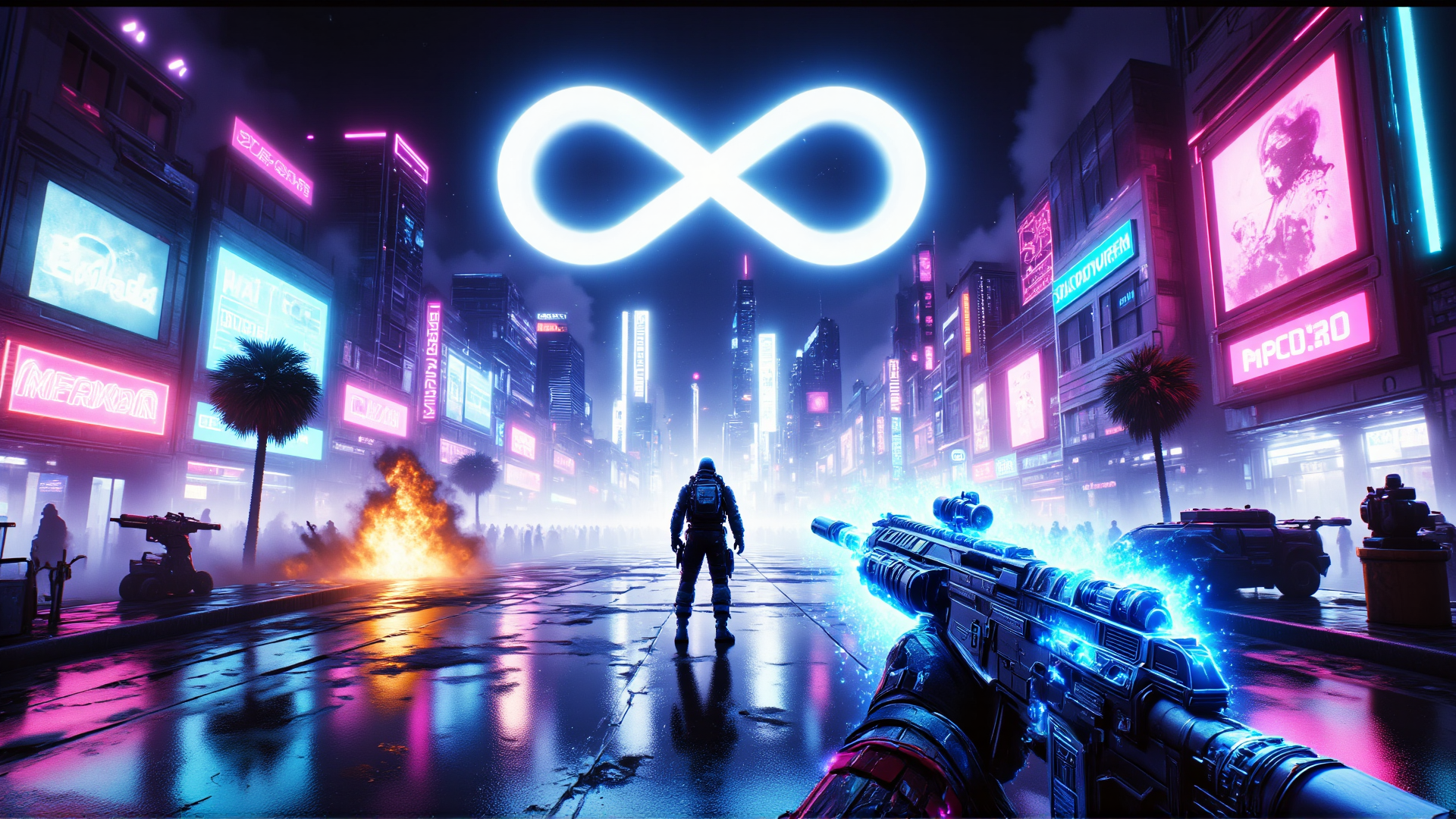 AI generated wallpaper featuring soldier, city, gun