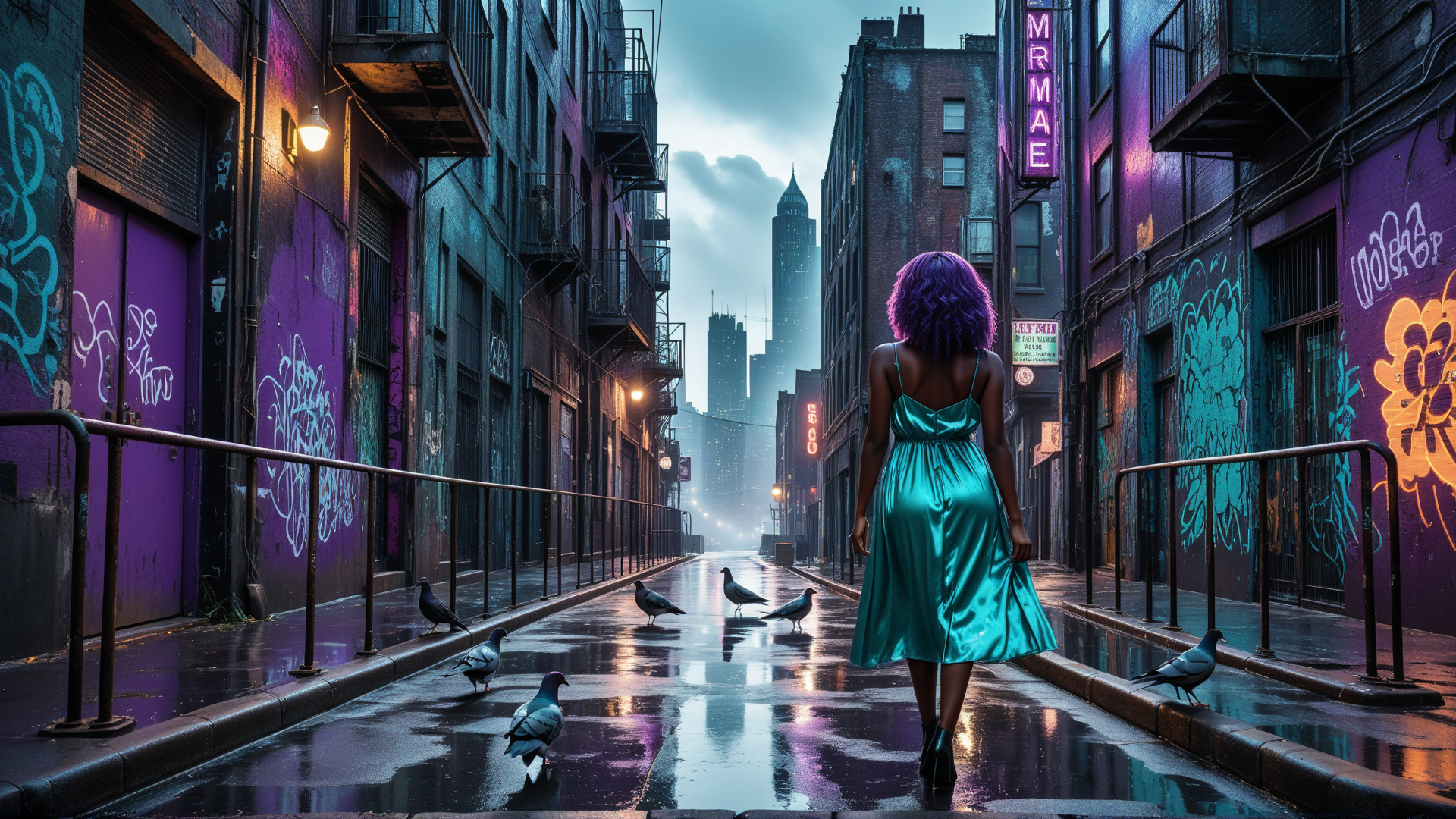 AI generated wallpaper featuring woman, pigeons, street, buildings, graffiti