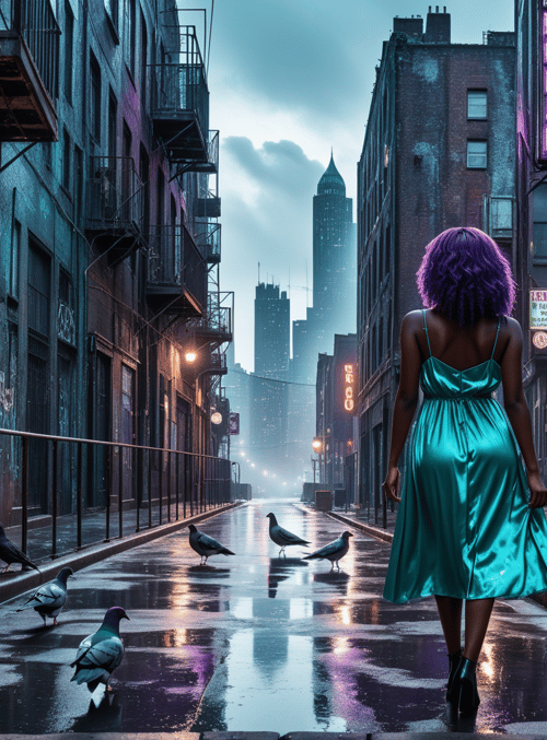 woman, pigeons, street, buildings, graffiti