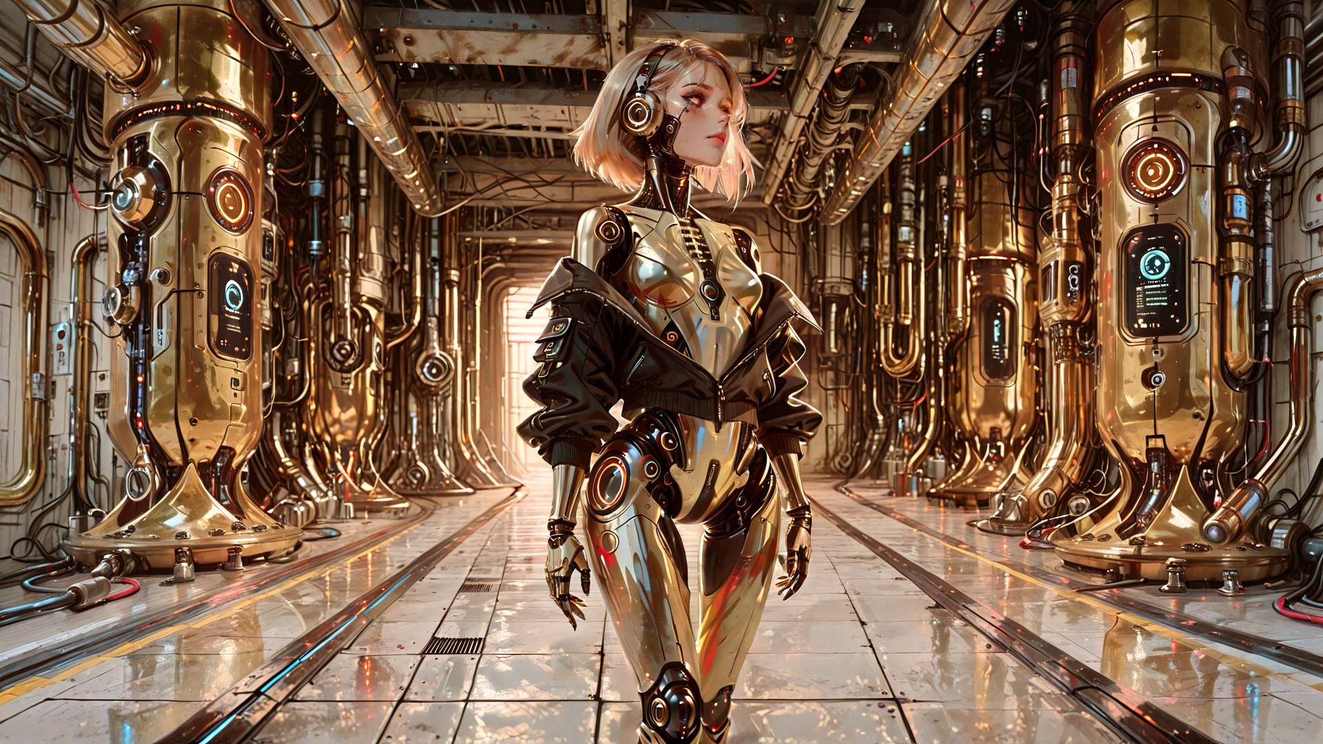 AI generated wallpaper featuring robot, cyborg, mechanical, headphones, corridor, pipelines, cylinders, gloves, screen, light
