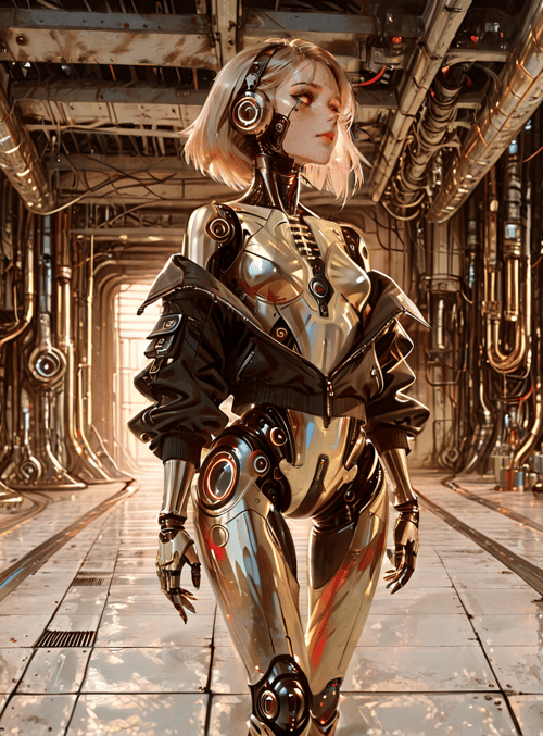 robot, cyborg, mechanical, headphones, corridor, pipelines, cylinders, gloves, screen, light