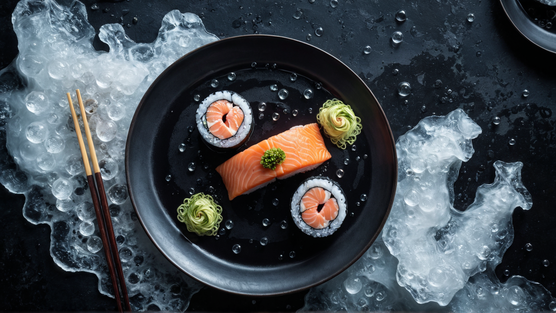 AI generated wallpaper featuring sushi, ice, chopsticks
