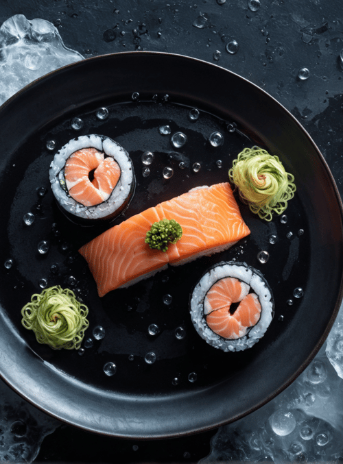 sushi, ice, chopsticks