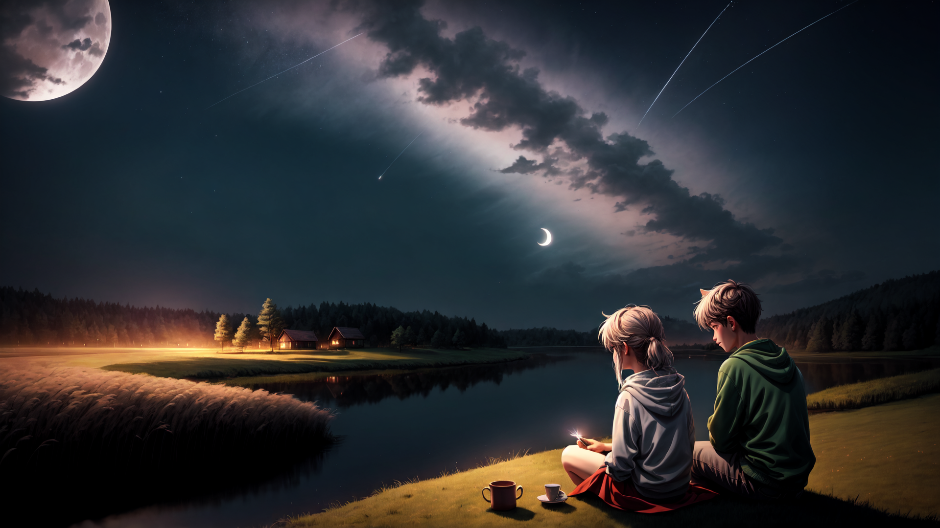 AI generated wallpaper featuring moon, stars, lake, grass, houses, people, cup