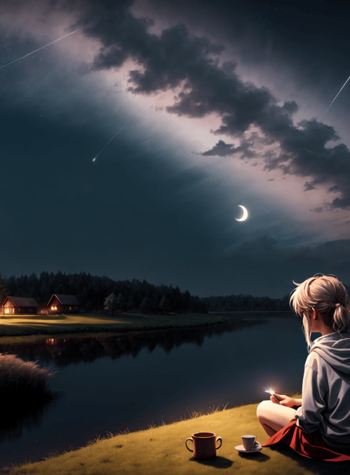 moon, stars, lake, grass, houses, people, cup