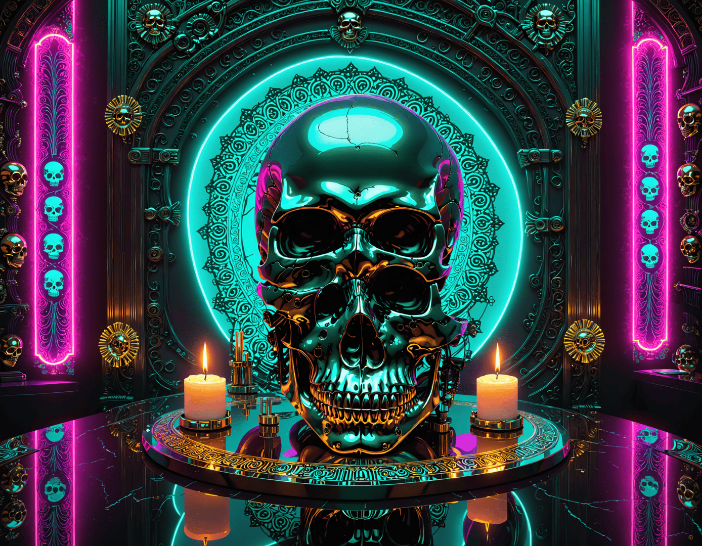 AI generated wallpaper featuring skull, candles, neon