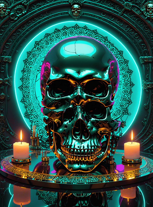skull, candles, neon