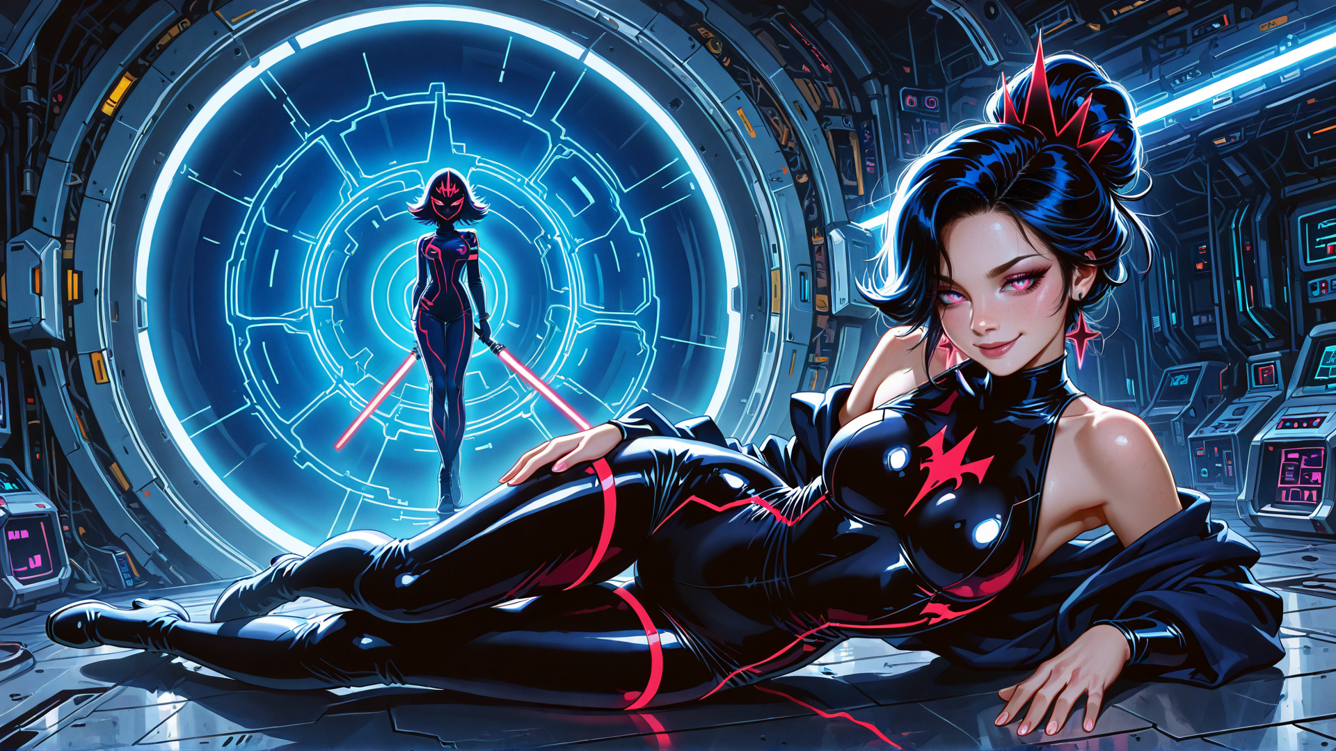 AI generated wallpaper featuring woman, spaceship, lightsaber