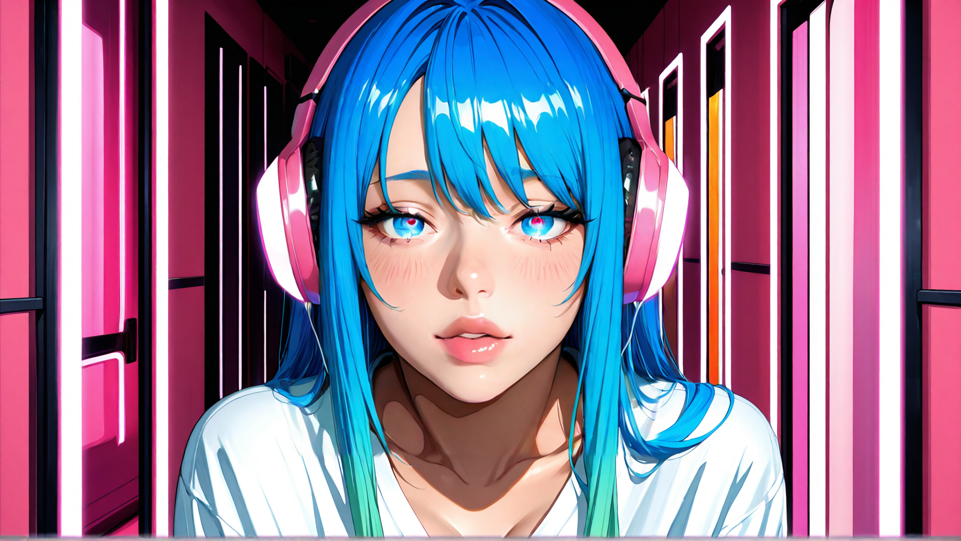 AI generated wallpaper featuring girl, headphones, hair, shirt, neon