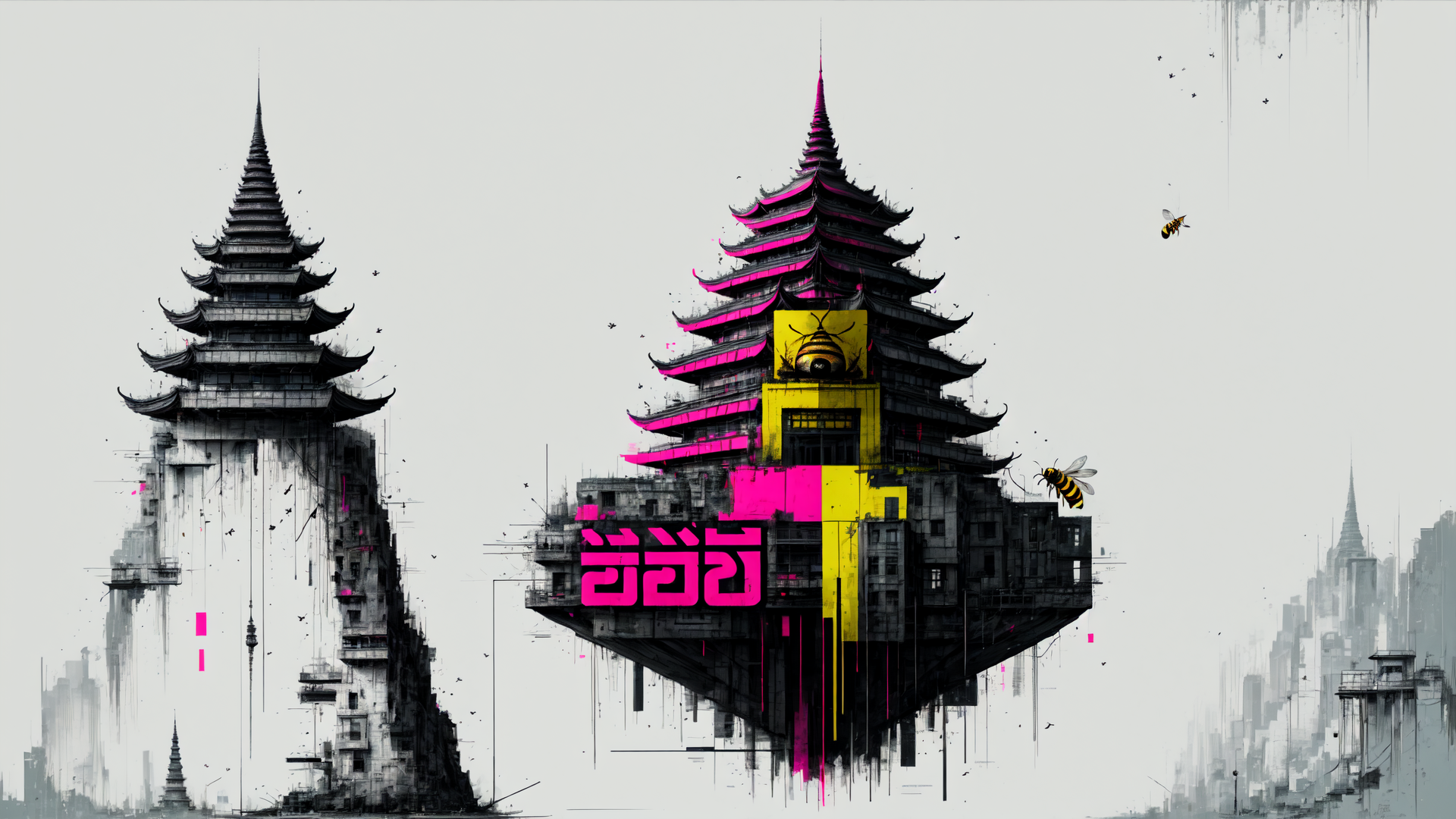 AI generated wallpaper featuring tower, building, bee, cityscape, structure