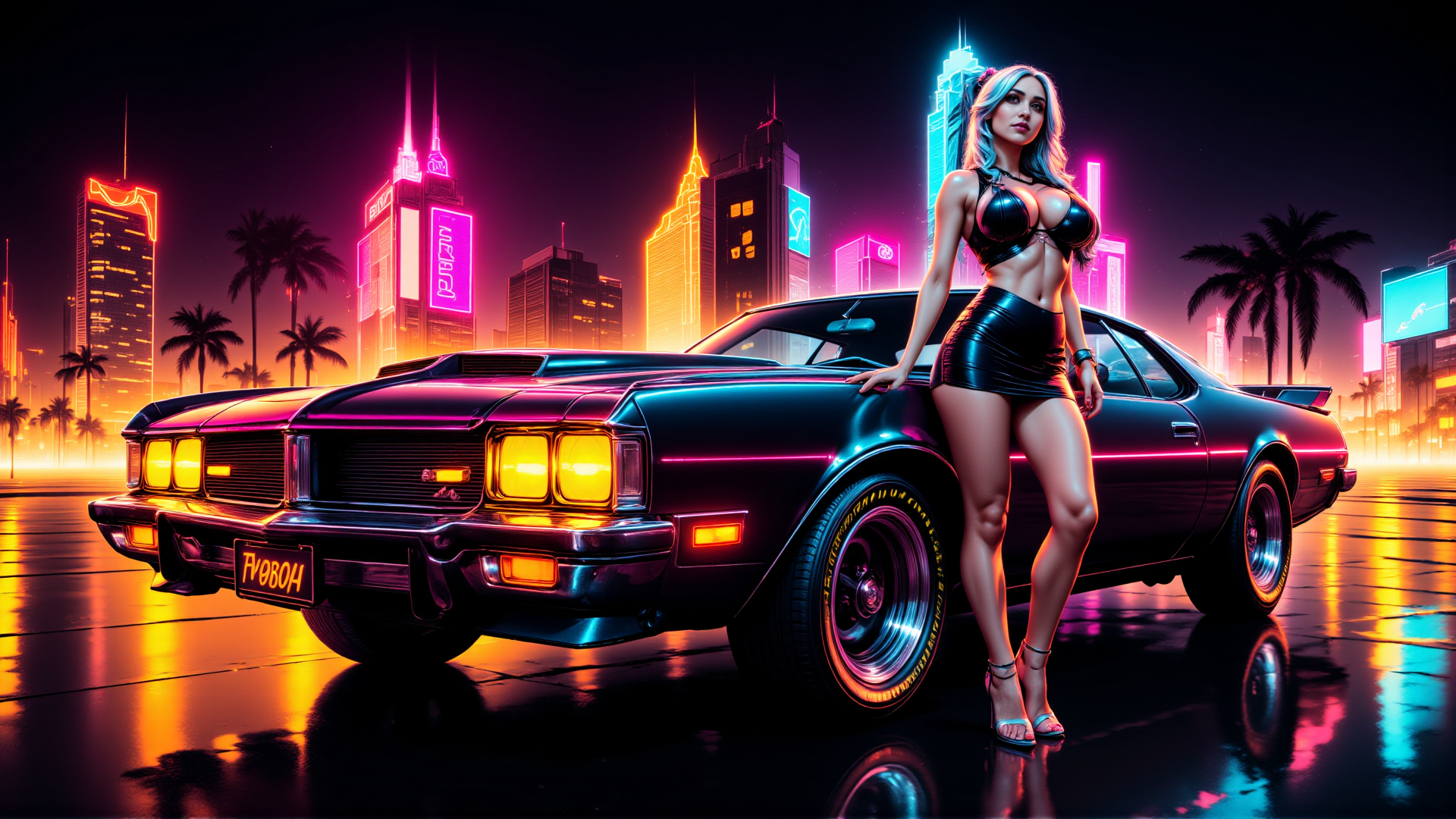 AI generated wallpaper featuring woman, car, city