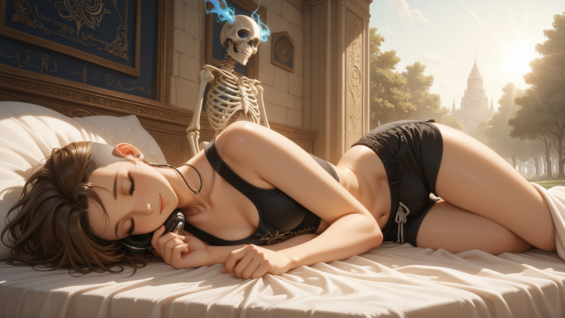 AI generated wallpaper featuring woman, skeleton, bed, headphones, bikini, sunlight, bedroom, trees, building, sun