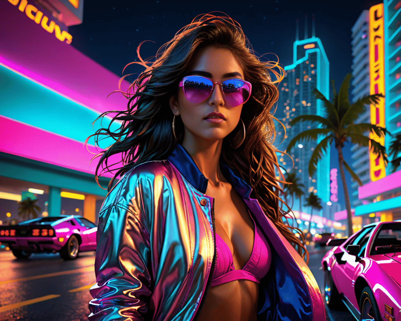 AI generated wallpaper featuring woman, city, cars