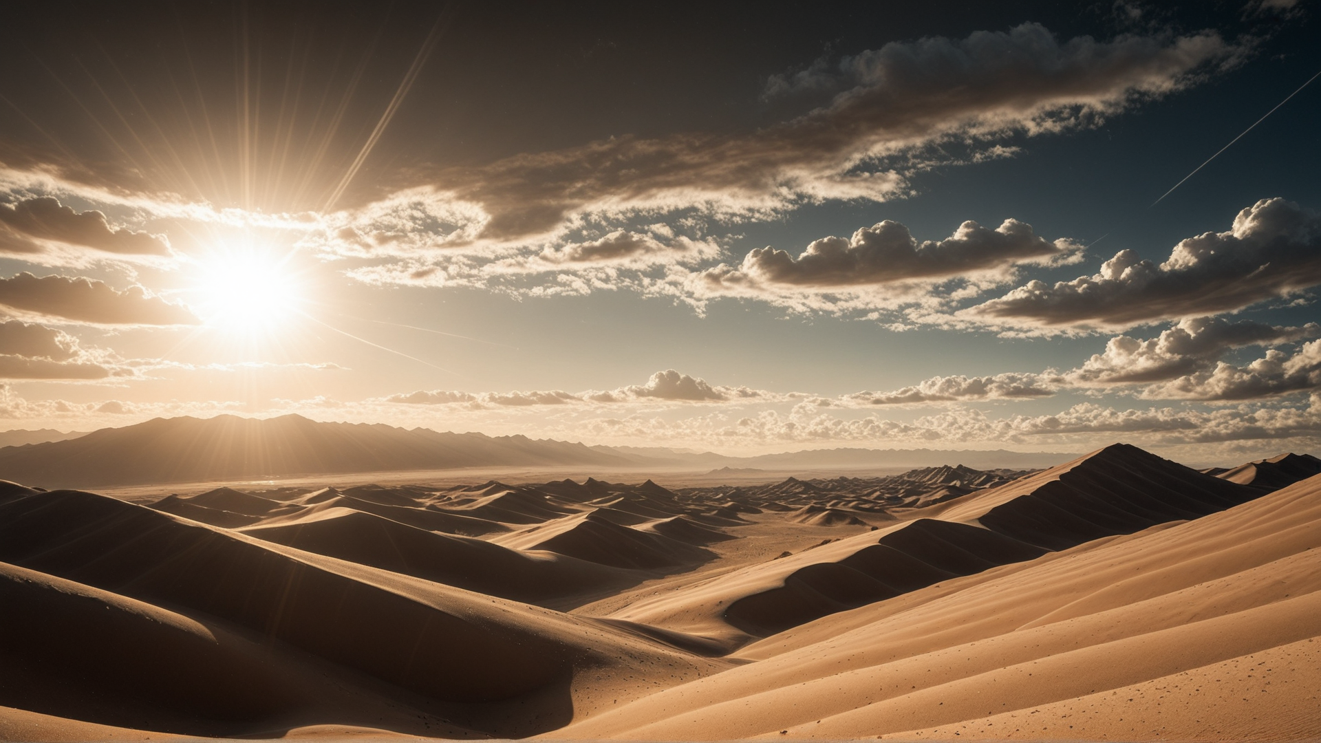 AI generated wallpaper featuring desert, sand dunes, sun, clouds, mountains