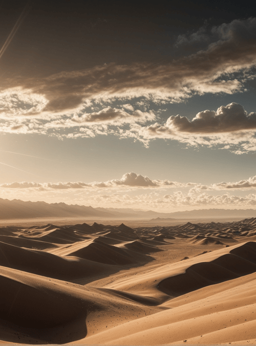 desert, sand dunes, sun, clouds, mountains