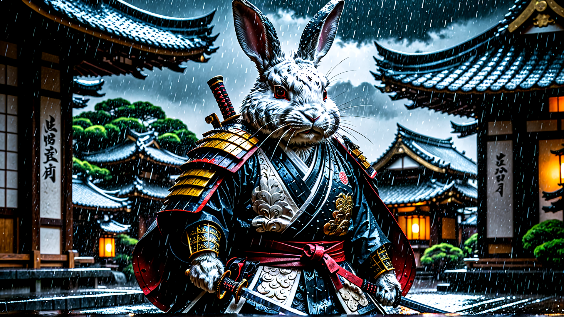 AI generated wallpaper featuring rabbit, samurai, sword, kimono, building
