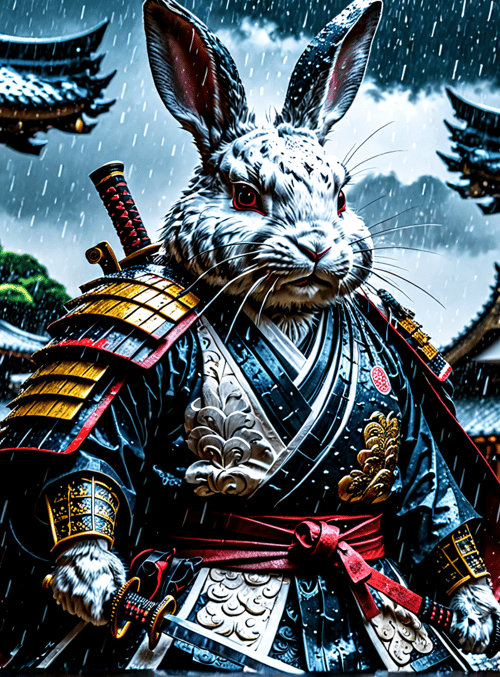 rabbit, samurai, sword, kimono, building