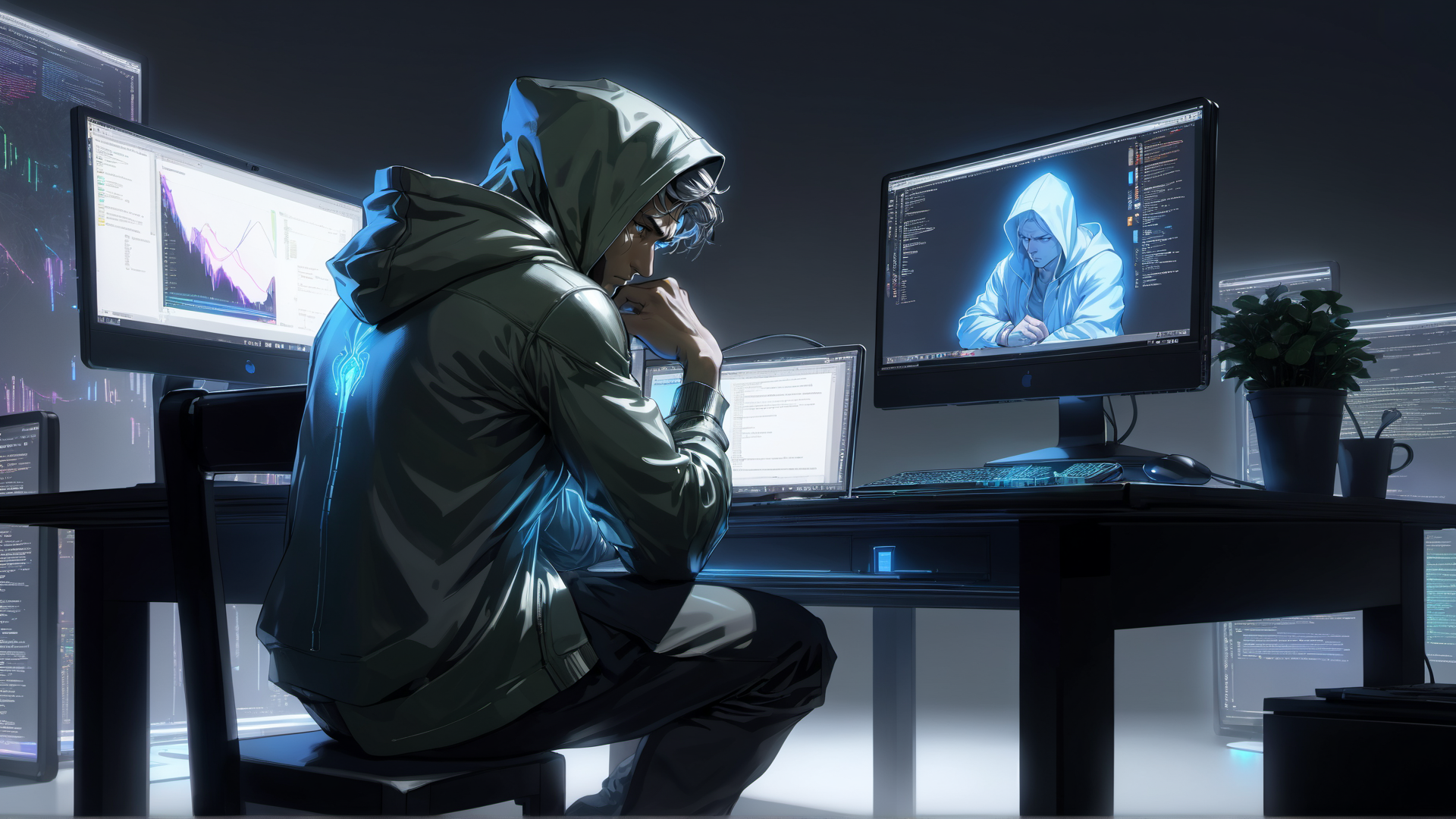 AI generated wallpaper featuring hacker, computer, monitor