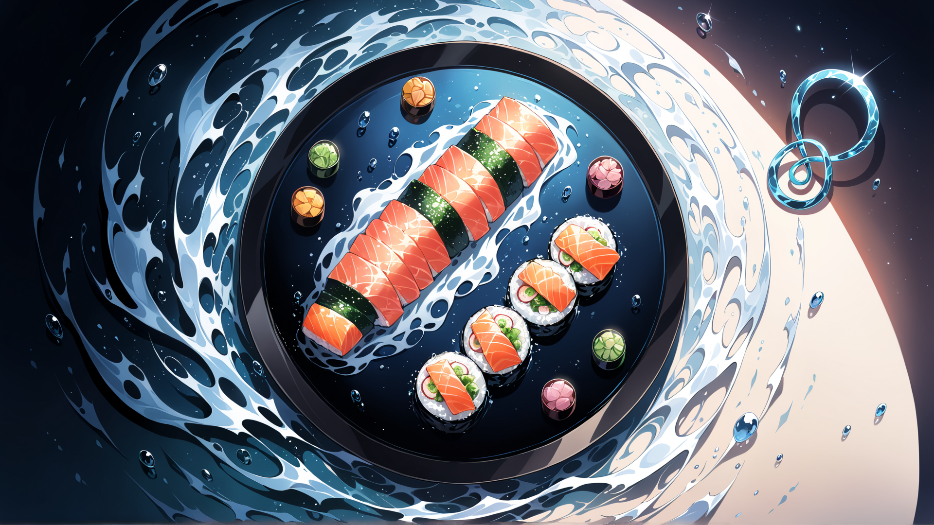 AI generated wallpaper featuring sushi, water, sashimi