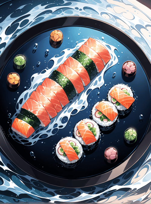 sushi, water, sashimi