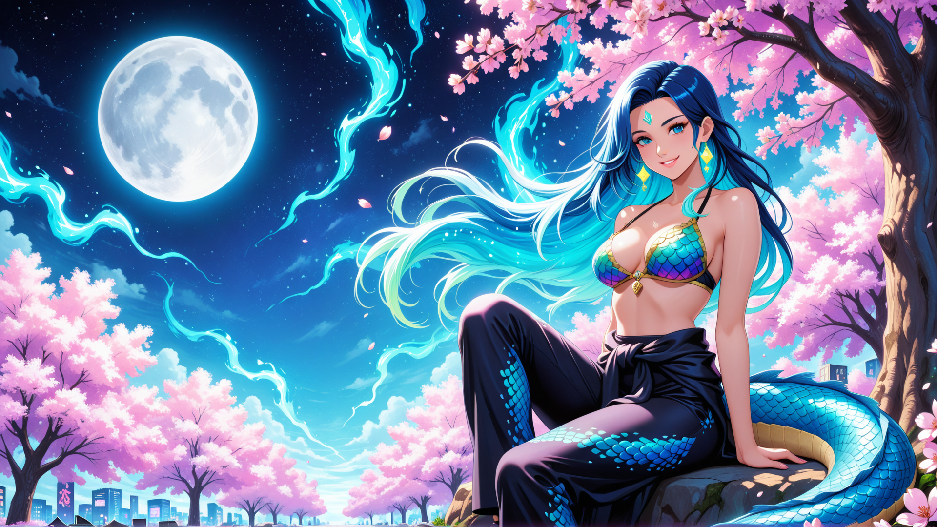AI generated wallpaper featuring mermaid, sakura, moon, dragon, scales, cherry blossom, hair, cityscape, night sky, stars