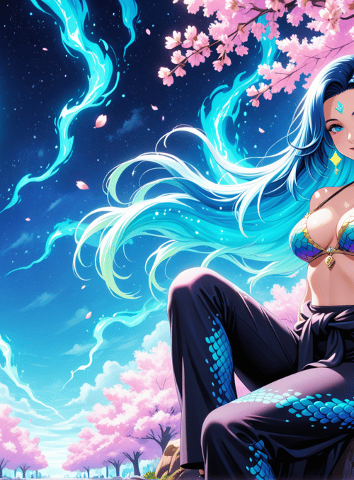 mermaid, sakura, moon, dragon, scales, cherry blossom, hair, cityscape, night sky, stars