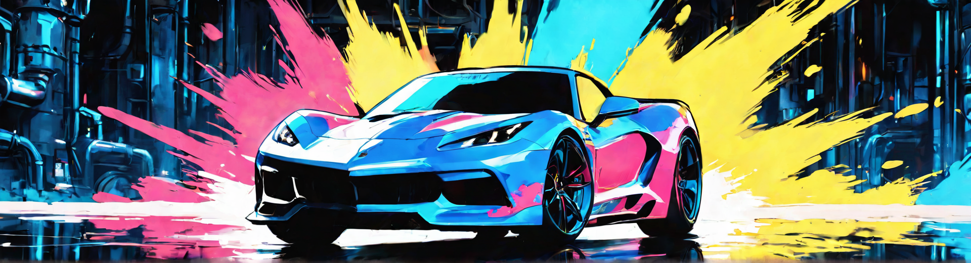 AI generated wallpaper featuring sports car, cityscape, paint splatter