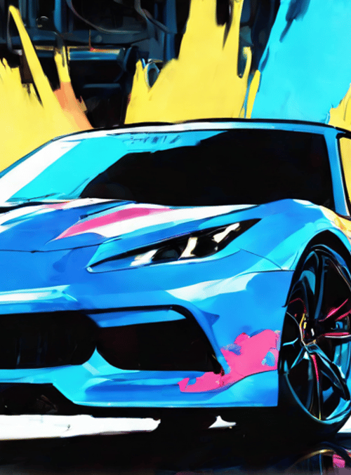 sports car, cityscape, paint splatter