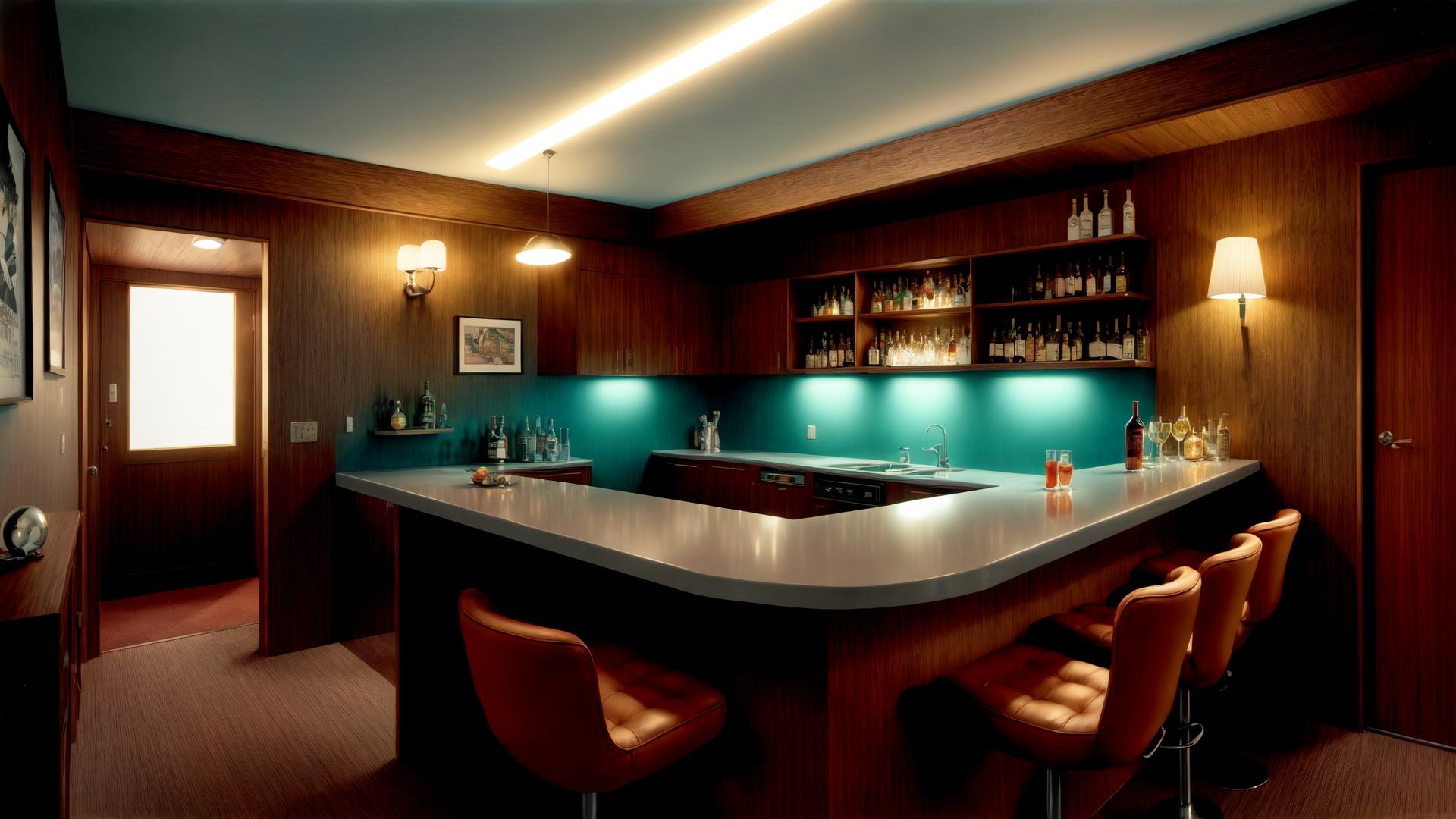 AI generated wallpaper featuring bar, kitchen, chairs, shelves, bottles, counter, lights, door, wall, picture