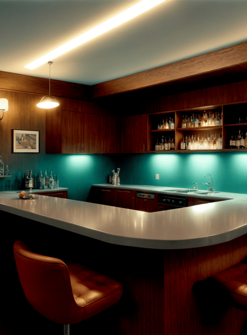bar, kitchen, chairs, shelves, bottles, counter, lights, door, wall, picture