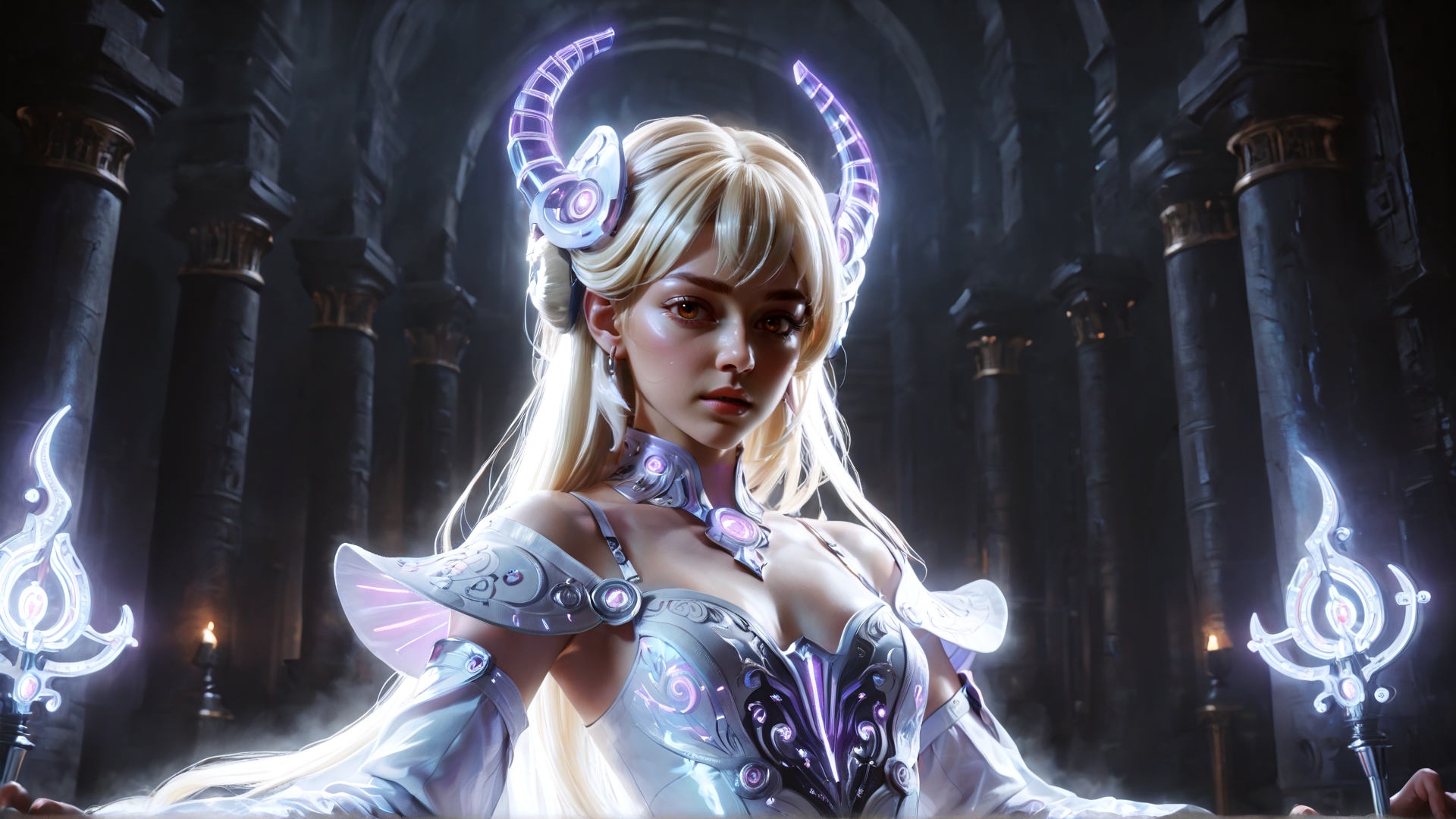 AI generated wallpaper featuring woman, armor, cathedral, horns, spear