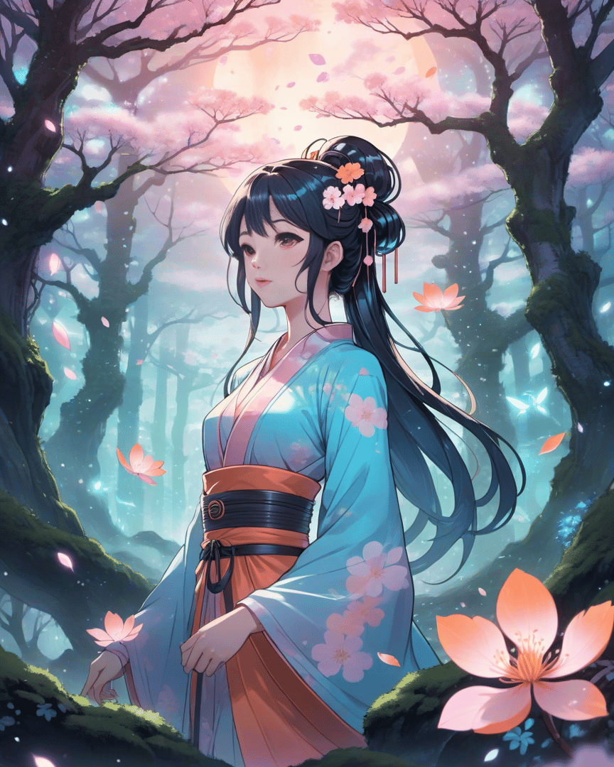 AI generated wallpaper featuring woman, cherry blossoms, forest