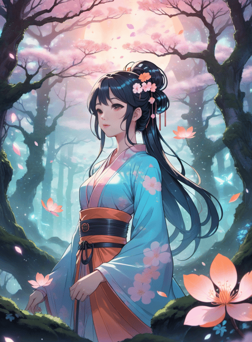woman, cherry blossoms, forest
