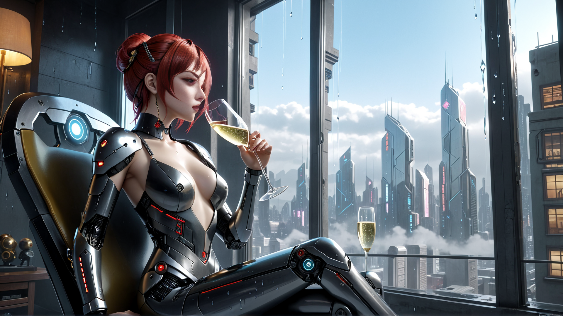 AI generated wallpaper featuring cyborg, woman, city
