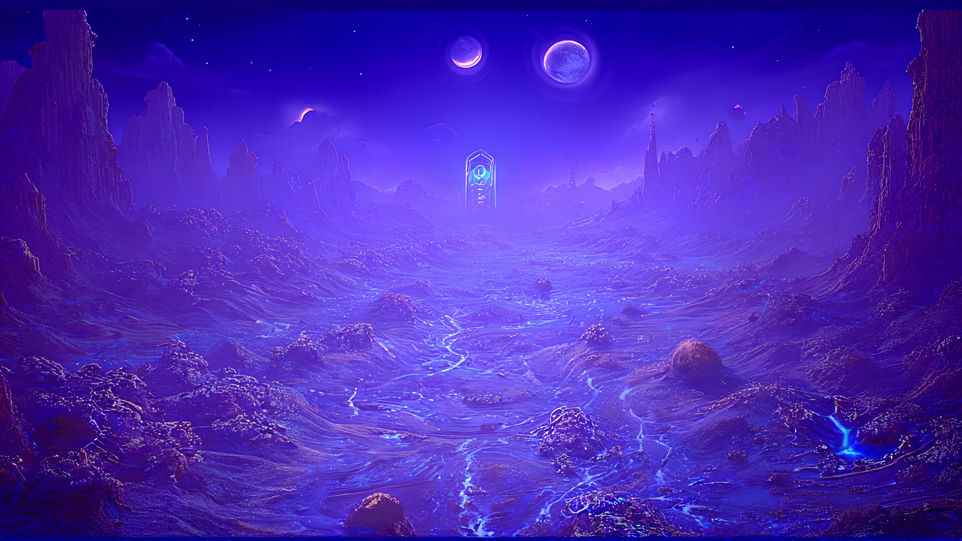 AI generated wallpaper featuring mountains, lunar, glowing, crater, ruins, canyon, river, monolith, sky, stars