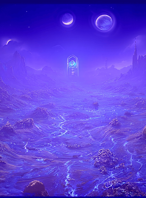 mountains, lunar, glowing, crater, ruins, canyon, river, monolith, sky, stars
