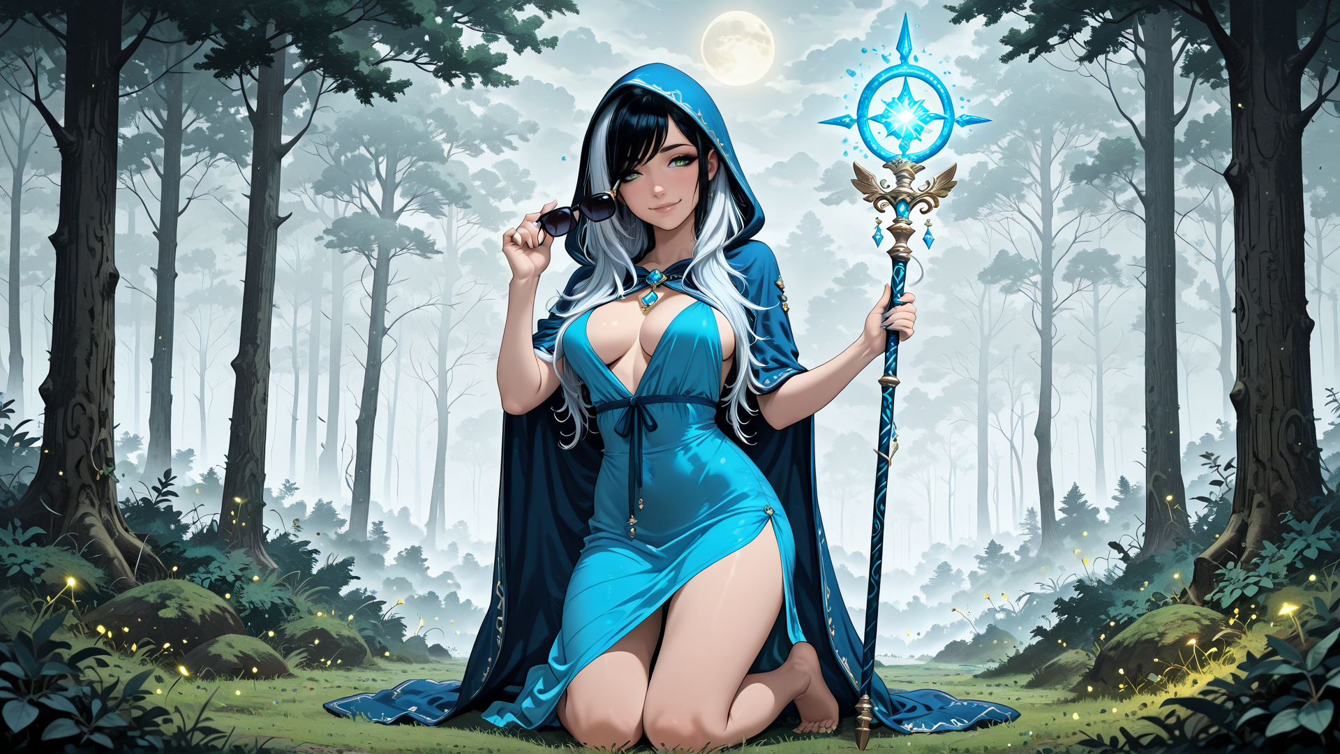 AI generated wallpaper featuring witch, sorceress, sunglasses, magic staff, forest, moon