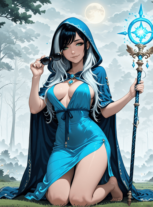 witch, sorceress, sunglasses, magic staff, forest, moon