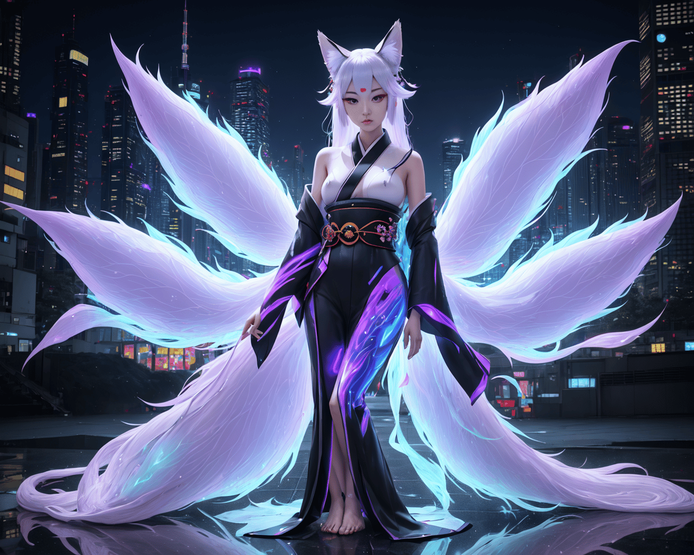 AI generated wallpaper featuring fox, woman, city