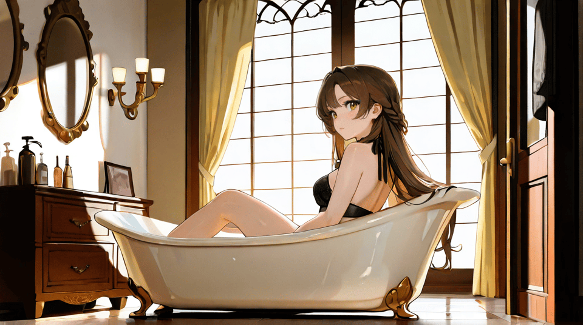 AI generated wallpaper featuring anime girl, bathtub, bathroom