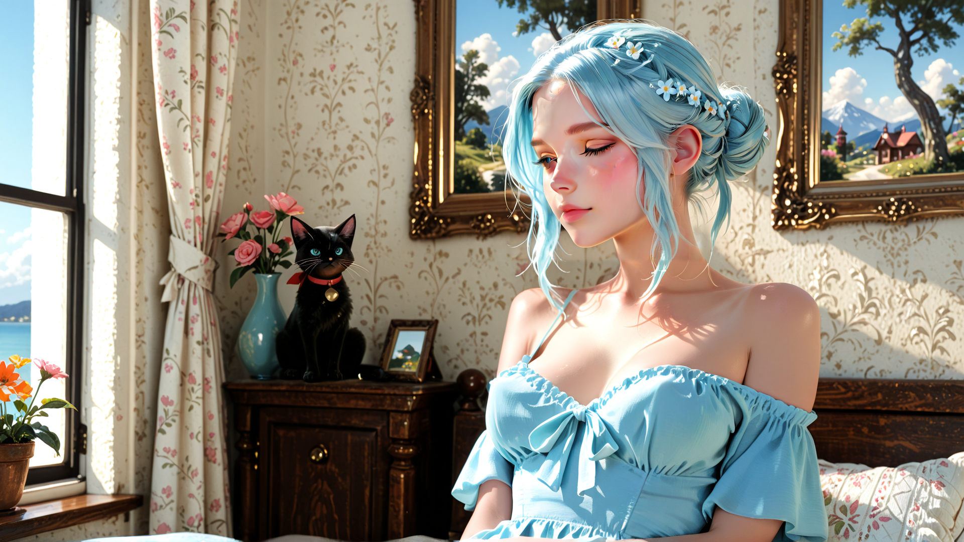 AI generated wallpaper featuring woman, cat, dress, flowers, curtains, bed, vase, painting, window, cherry