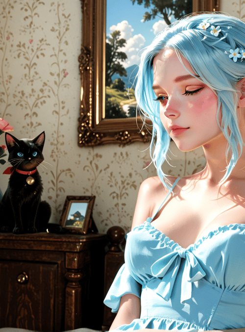 woman, cat, dress, flowers, curtains, bed, vase, painting, window, cherry