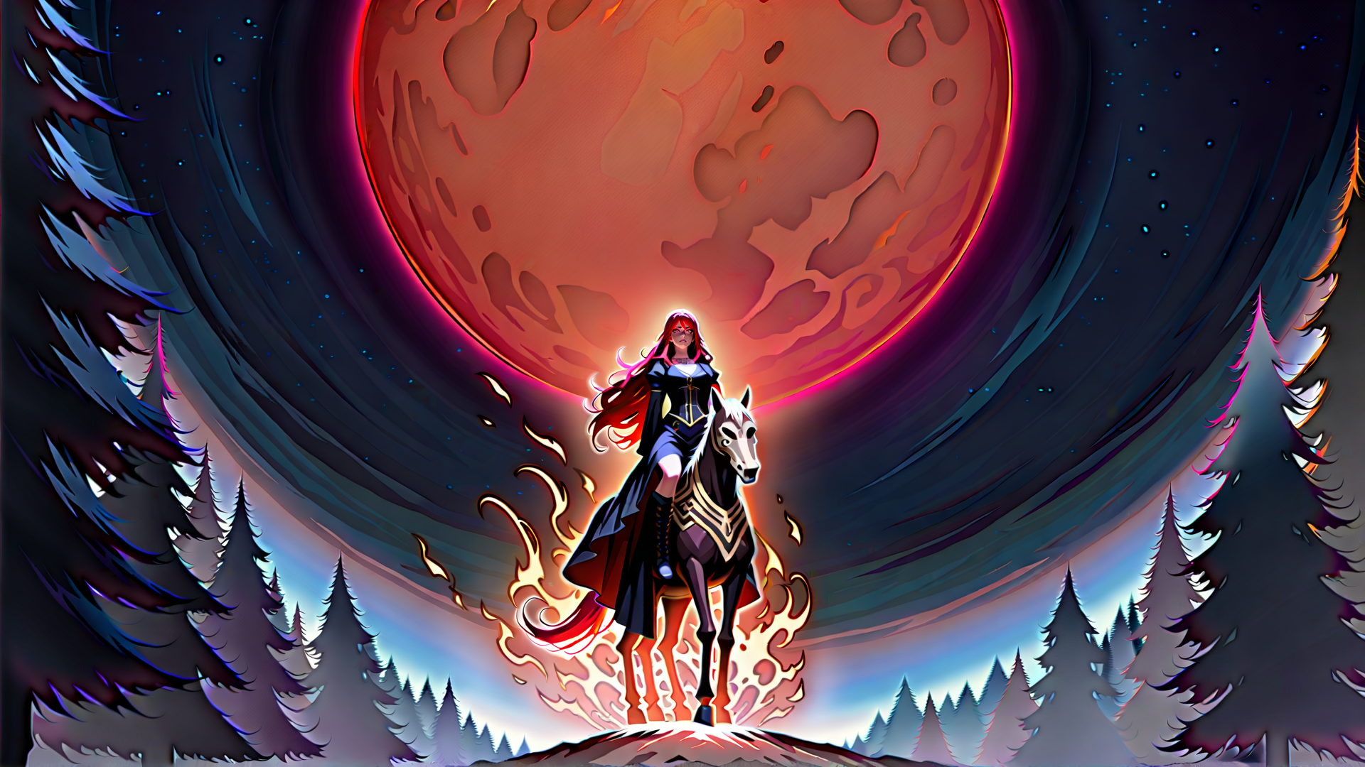AI generated wallpaper featuring woman, horse, forest, moon, flames